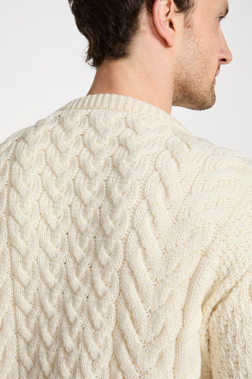 Omey island Aran Sweater showing Cable and Moss stitches