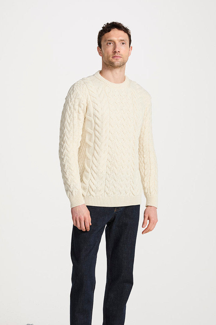 Omey island Aran Sweater showing Cable and Moss stitches