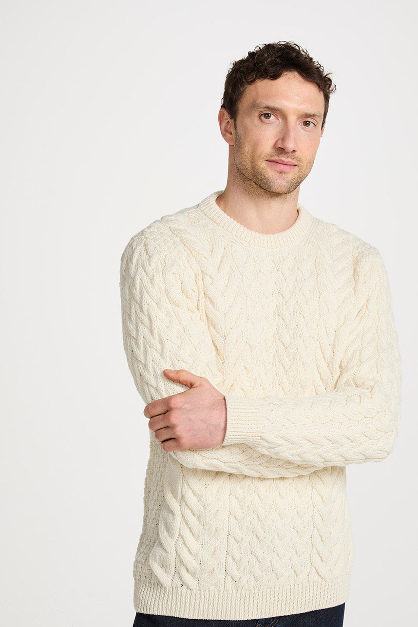 Omey island Aran Sweater showing Cable and Moss stitches