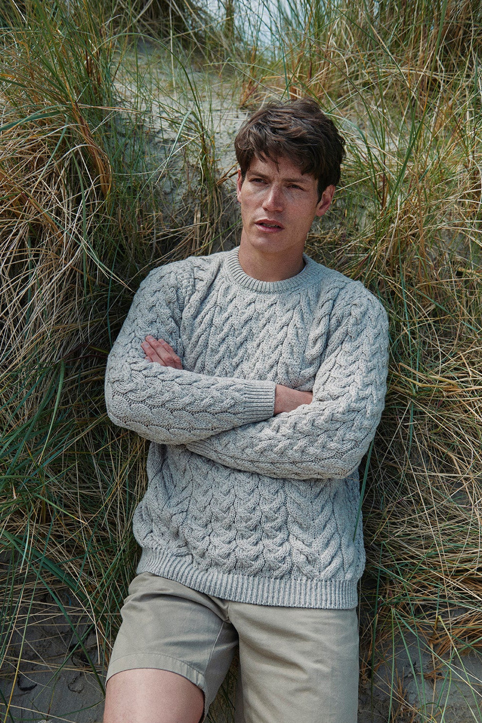 Omey island Aran Sweater showing Cable and Moss stitches