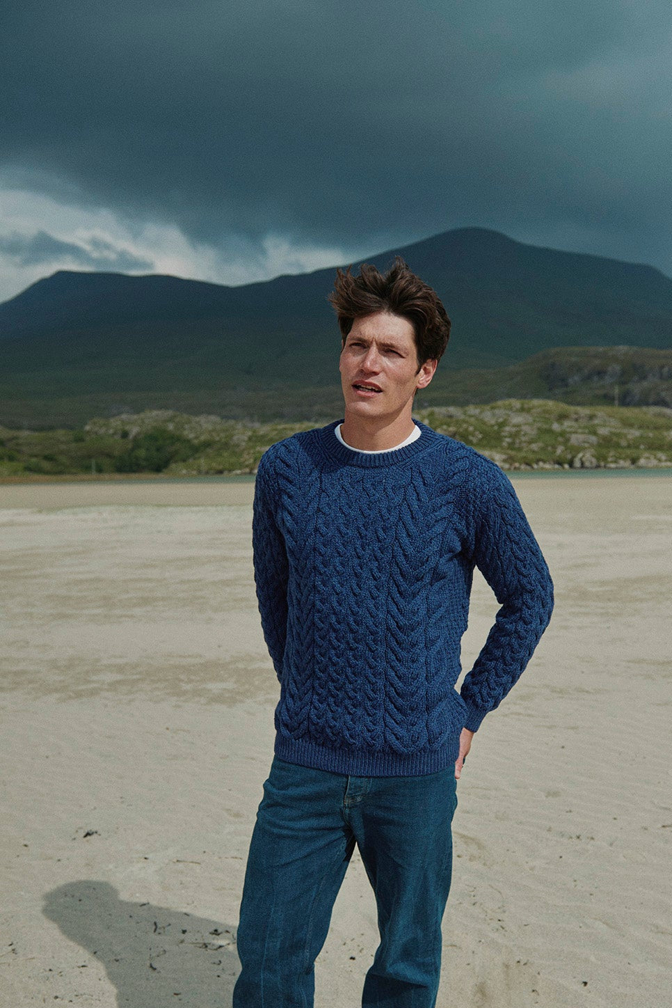 Omey island Aran Sweater showing Cable and Moss stitches