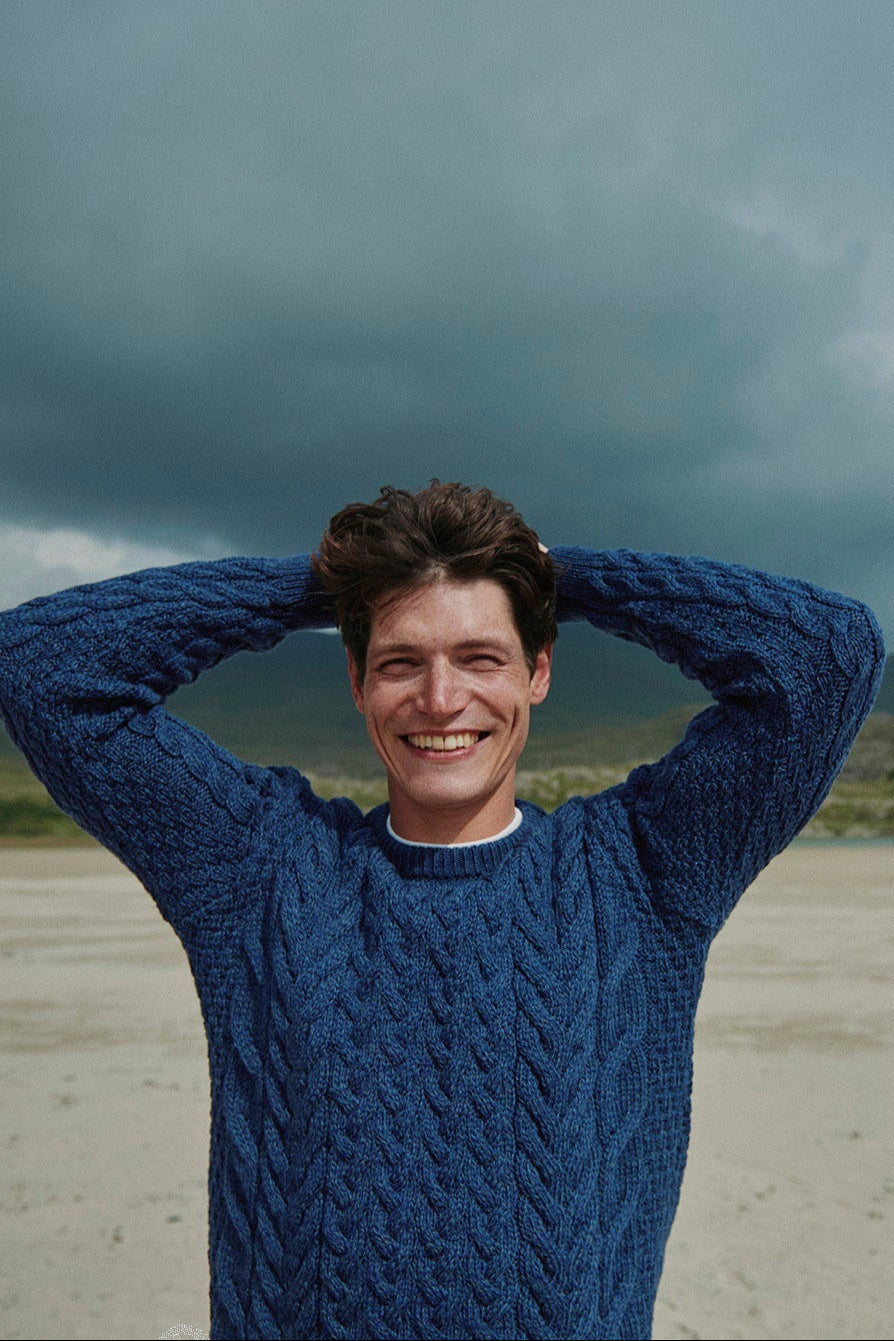 Omey island Aran Sweater showing Cable and Moss stitches