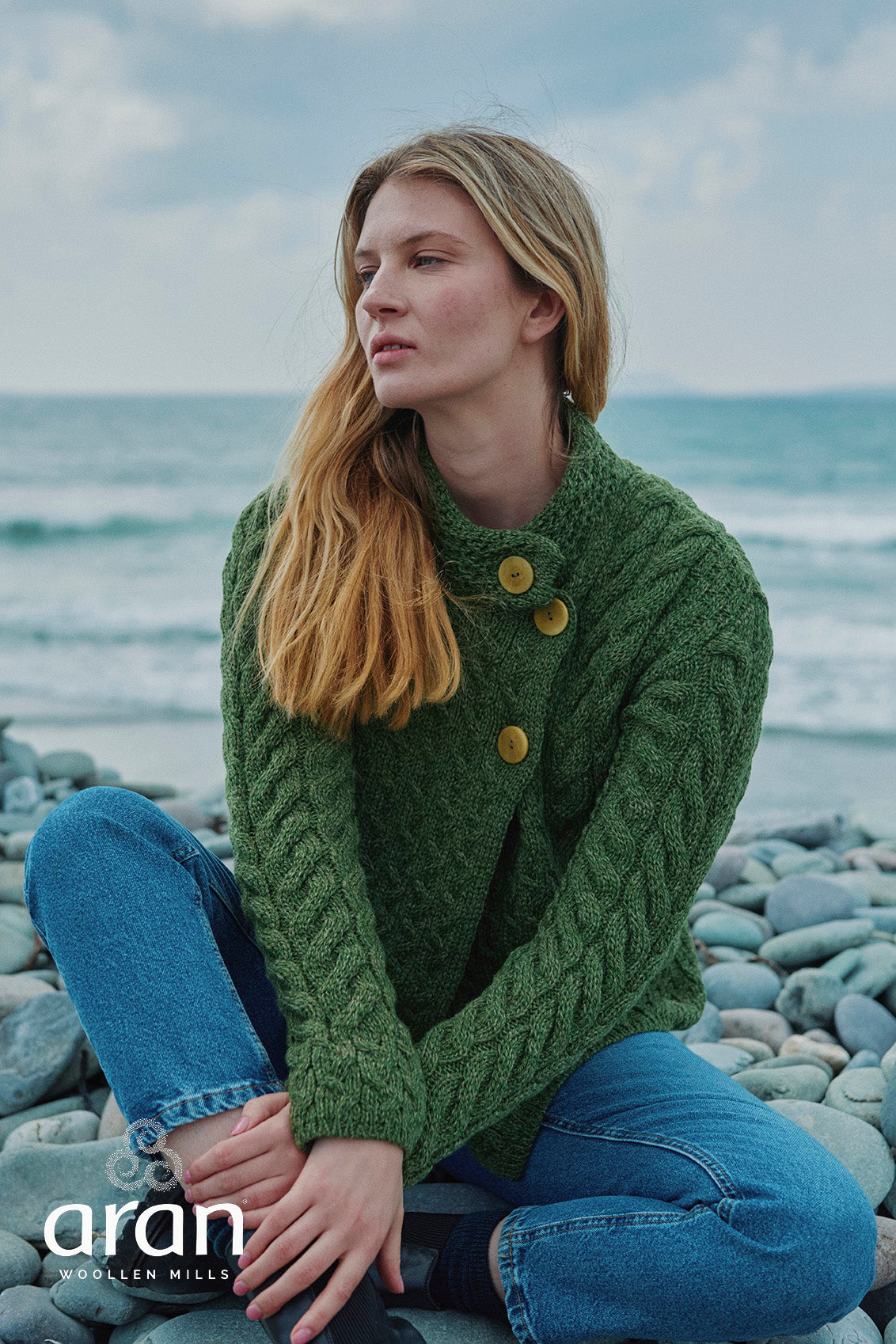 Asymmetrical Multi Cable Aran Cardigan with 3 Buttons