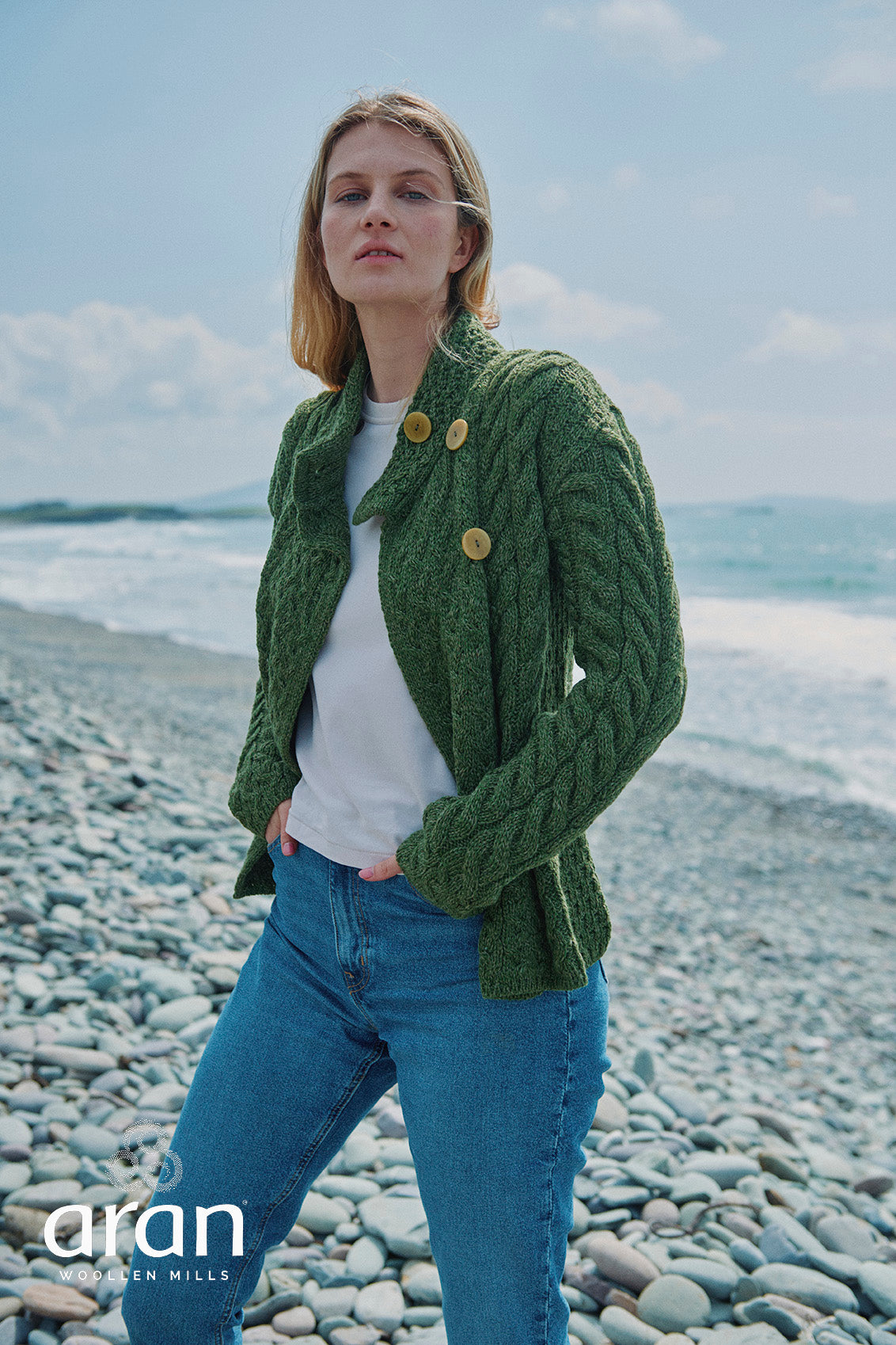 Asymmetrical Multi Cable Aran Cardigan with 3 Buttons
