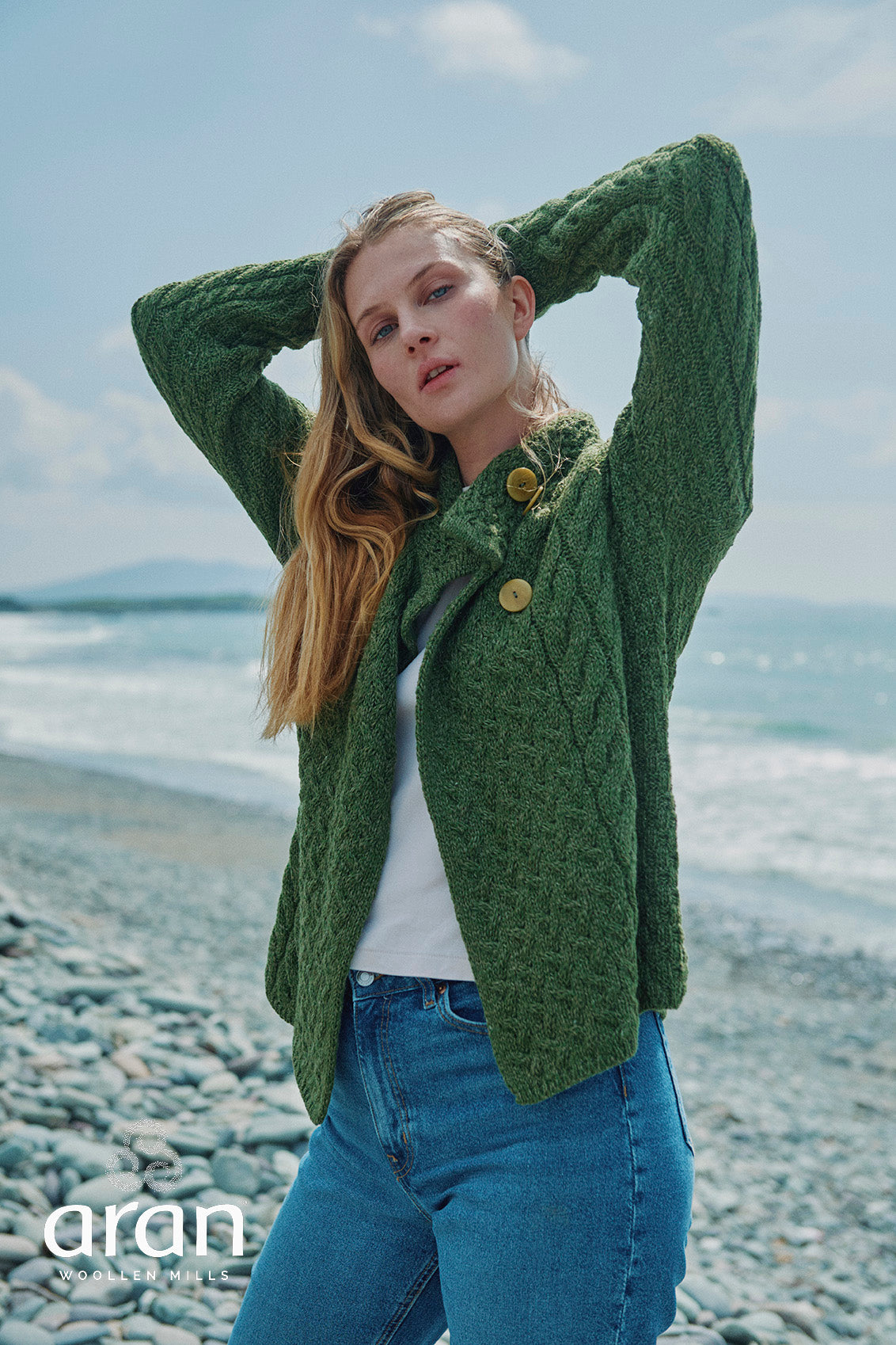 Asymmetrical Multi Cable Aran Cardigan with 3 Buttons