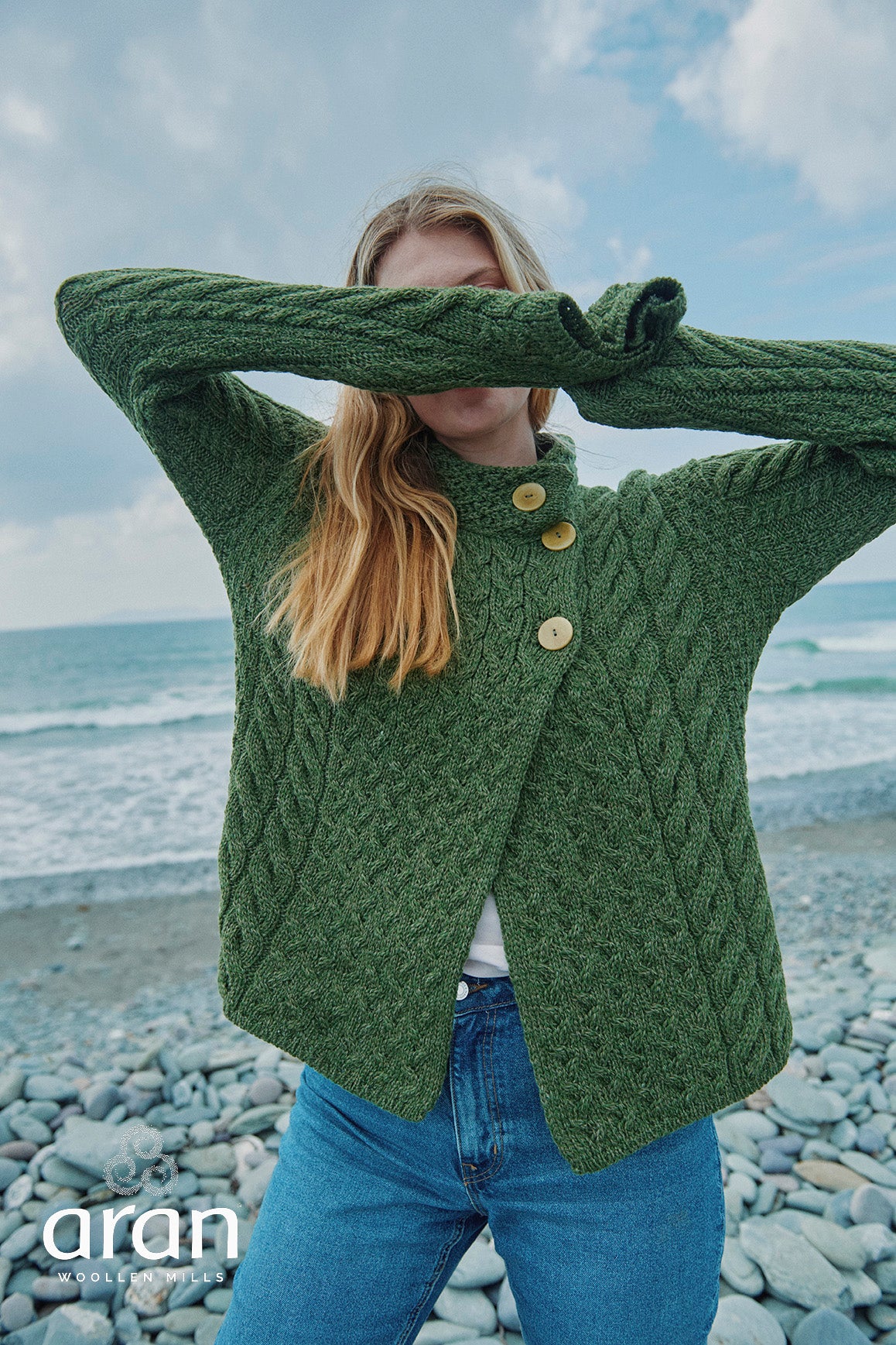 Asymmetrical Multi Cable Aran Cardigan with 3 Buttons
