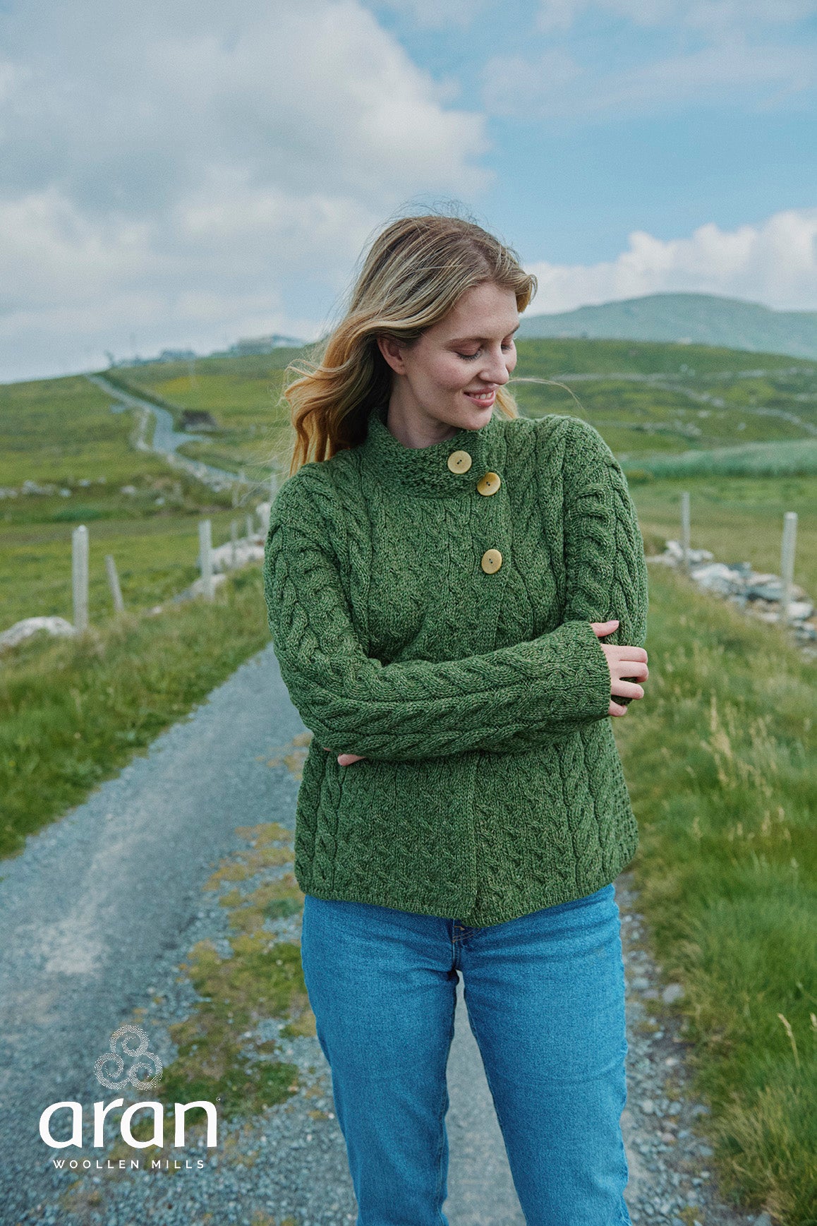 Asymmetrical Multi Cable Aran Cardigan with 3 Buttons