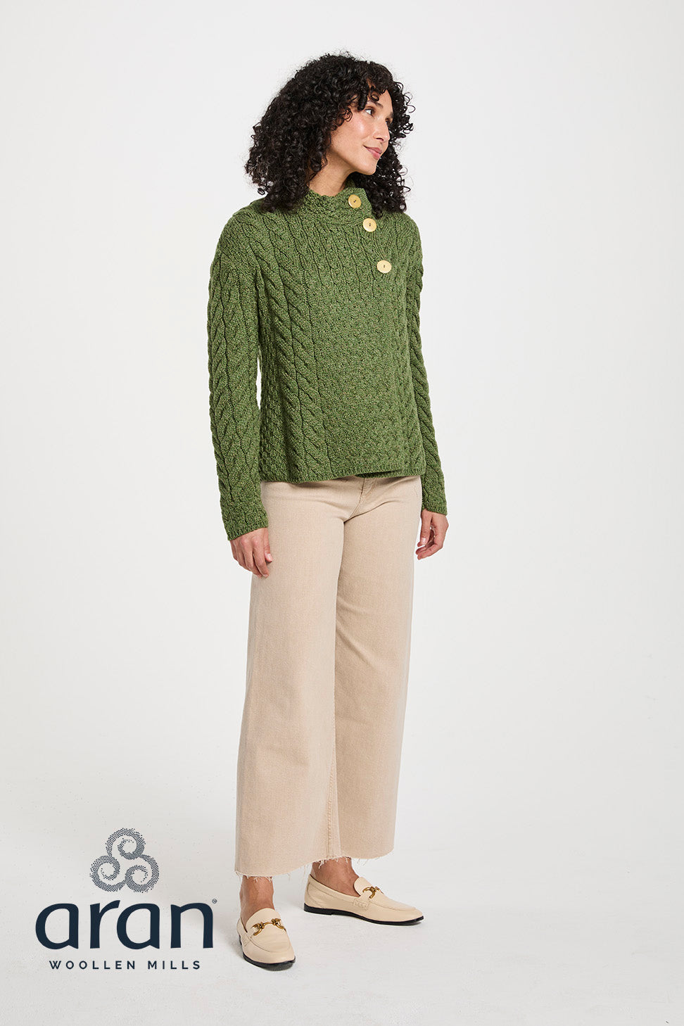 Asymmetrical Multi Cable Aran Cardigan with 3 Buttons