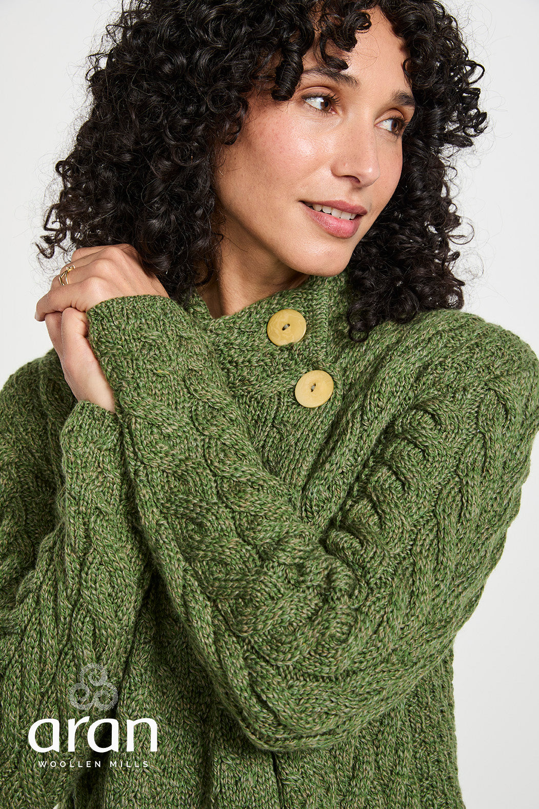 Asymmetrical Multi Cable Aran Cardigan with 3 Buttons