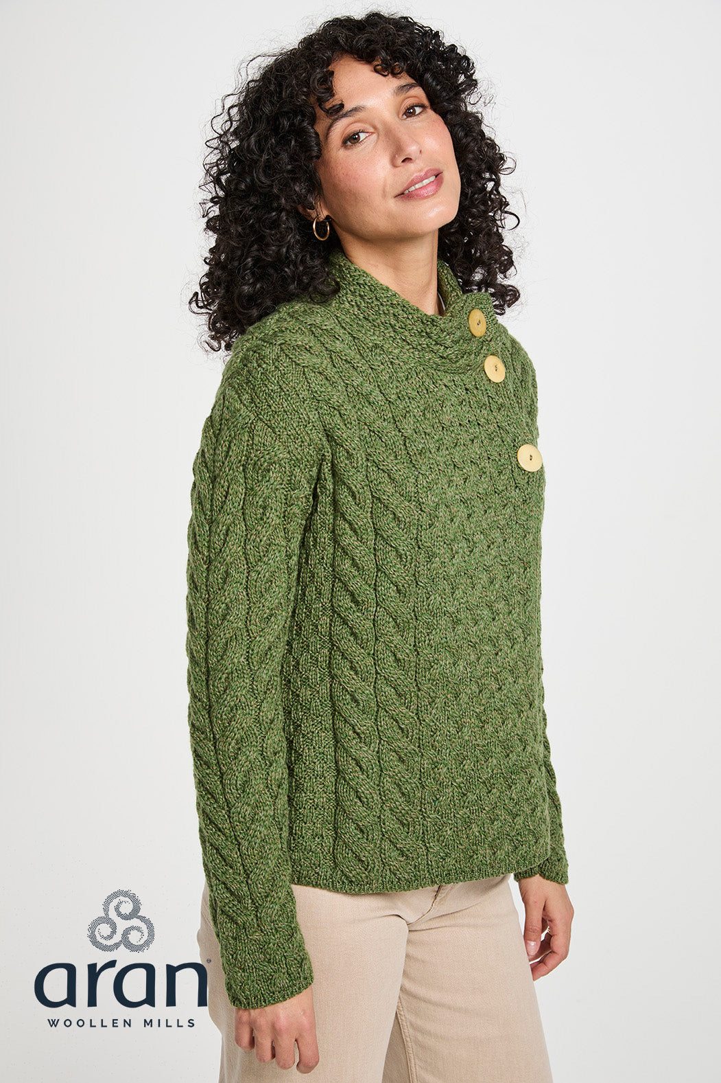 Asymmetrical Multi Cable Aran Cardigan with 3 Buttons