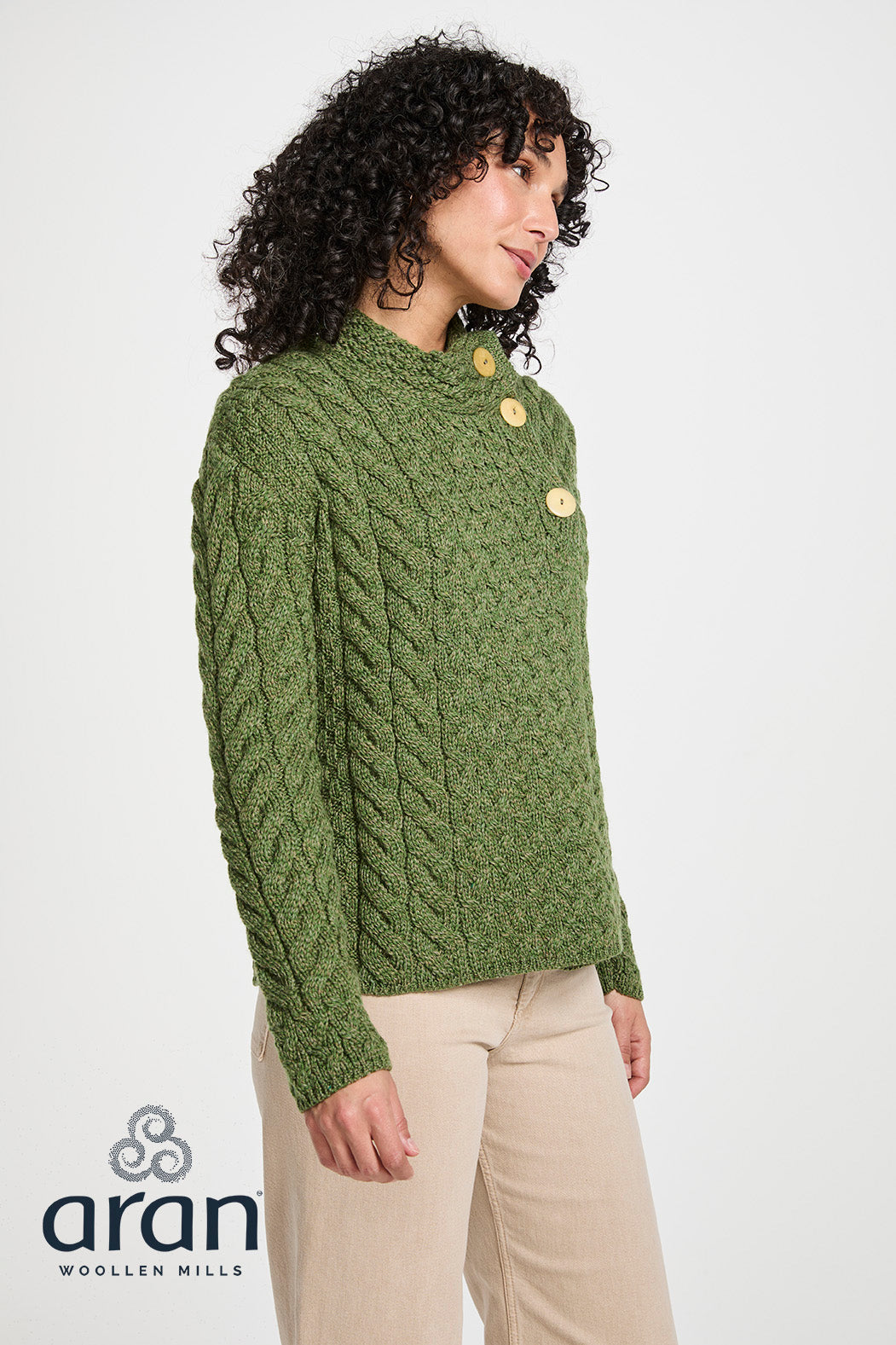 Asymmetrical Multi Cable Aran Cardigan with 3 Buttons