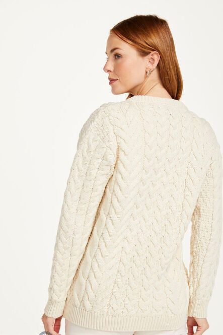 Omey island Aran Sweater showing Cable and Moss stitches