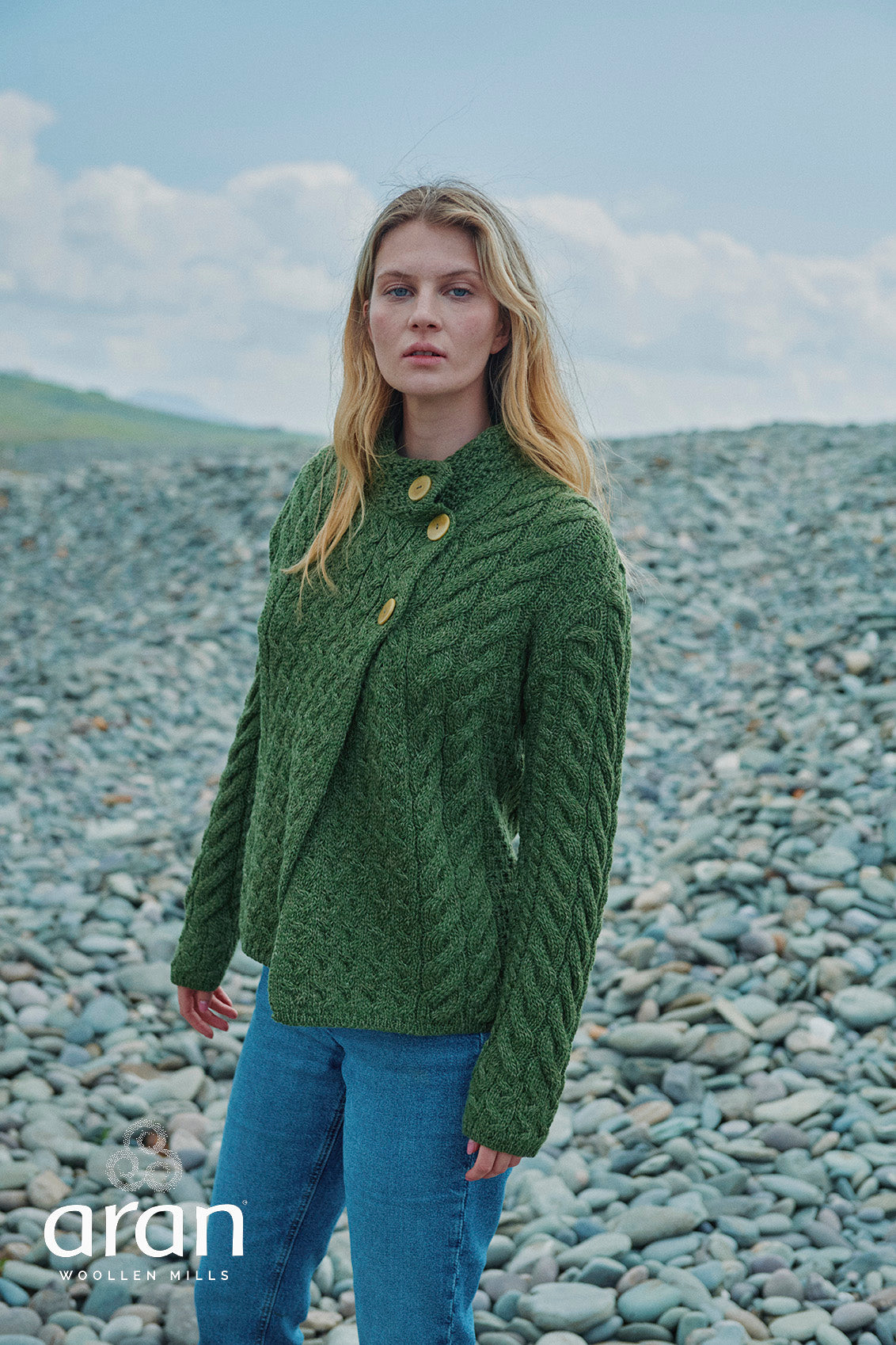 Asymmetrical Multi Cable Aran Cardigan with 3 Buttons