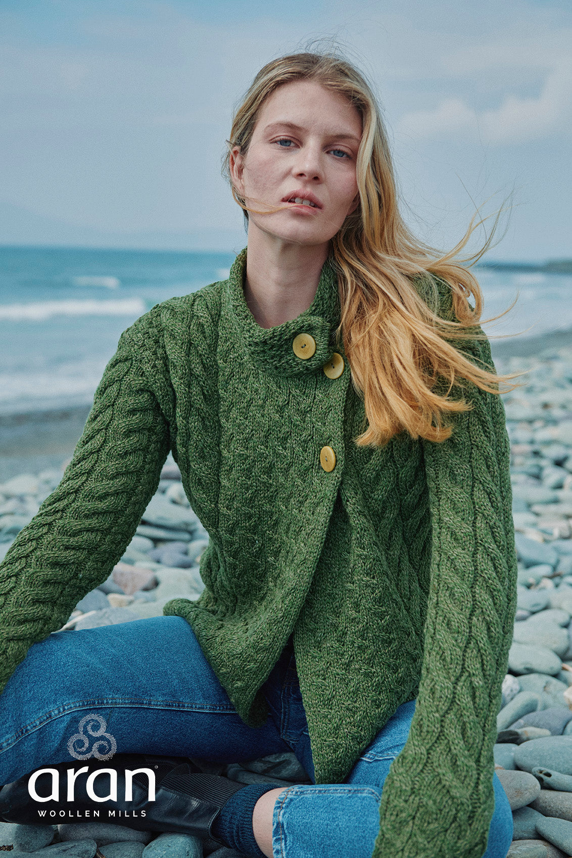 Asymmetrical Multi Cable Aran Cardigan with 3 Buttons